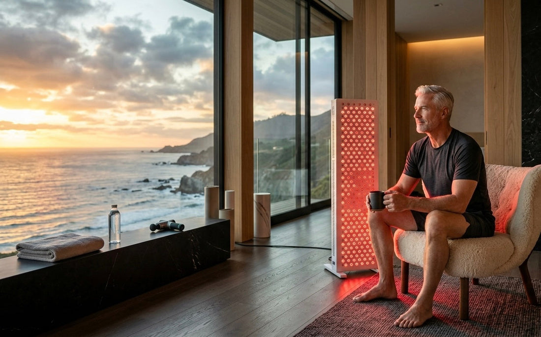 Successful man over 50 using premium red light therapy in a luxury home wellness room.