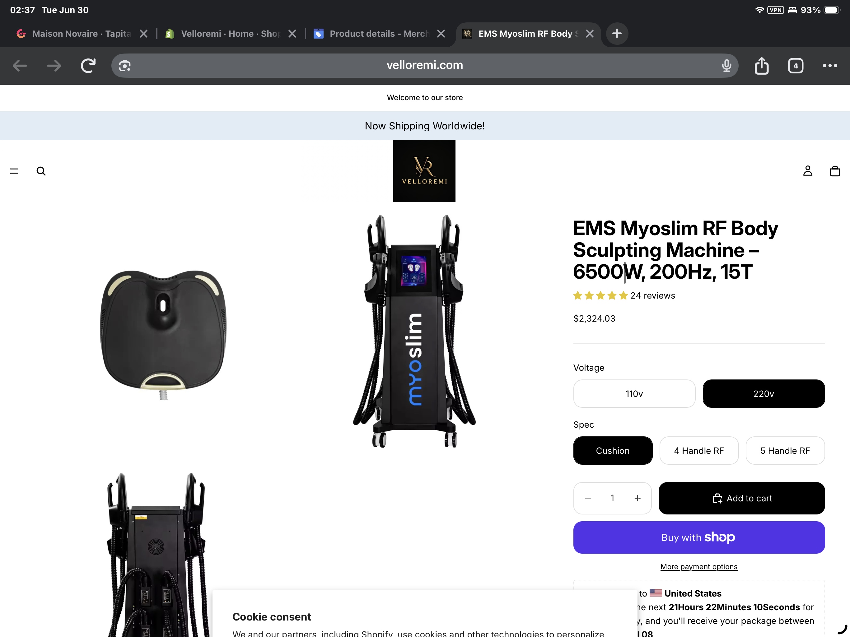 EMS Myoslim RF Body Sculpting Machine – 6500W, 200Hz, 15T - Velloremi